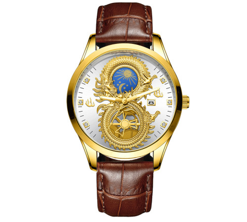 Золотий годинник із Драконом зі світними стрілками та фіанітами з білим циферблатом для удачі, Здоров'я на ремінцях