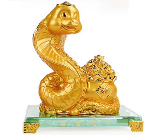 Статуетка Золота Змія для Багатства, Достаток, Процвітання, з символом Фук для великої удачі та Здоров'я 18 см