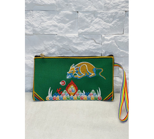 Тибетський Гаманець Тканинний Мангуста Дорогоцінств і з мантрою могутнього Багатства Катманду Зелений