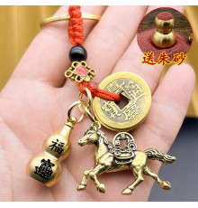 Брелок Тибетський Сакральний Кінь мідний з гарбузом Ву Лу та монетами для удачі, Багатства, Здоров'я, Властивості