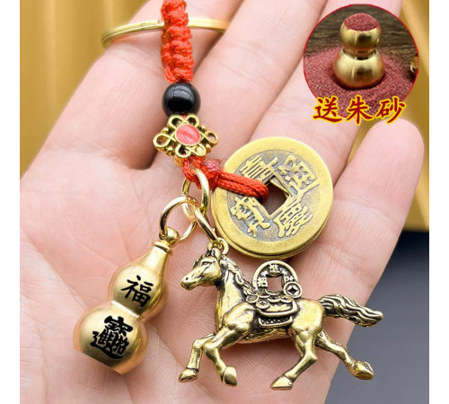 Брелок Тибетський Сакральний Кінь мідний з гарбузом Ву Лу та монетами для удачі, Багатства, Здоров'я, Властивості