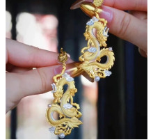 Тибетські сакральні Золоті Сережки Дракон для Удачі, Багатства та Захисту на 9 період 18 каратів