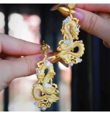 Тибетські сакральні Золоті Сережки Дракон для Удачі, Багатства та Захисту на 9 період 18 каратів