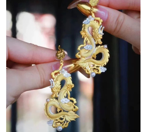 Тибетські сакральні Золоті Сережки Дракон для Удачі, Багатства та Захисту на 9 період 18 каратів