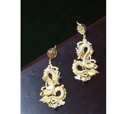 Тибетські сакральні Золоті Сережки Дракон для Удачі, Багатства та Захисту на 9 період 18 каратів