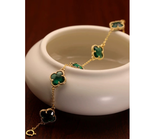 Золотий Браслет із Чотирилистним Клевером із зеленим турмаліном для щастя