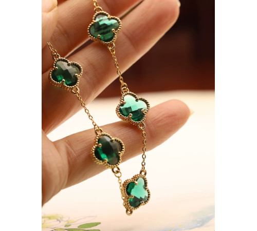 Золотий Браслет із Чотирилистним Клевером із зеленим турмаліном для щастя