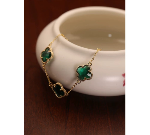 Золотий Браслет із Чотирилистним Клевером із зеленим турмаліном для щастя