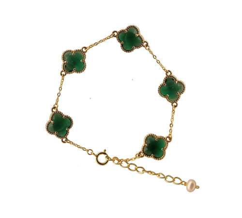 Золотий Браслет із Чотирилистним Клевером із зеленим турмаліном для щастя