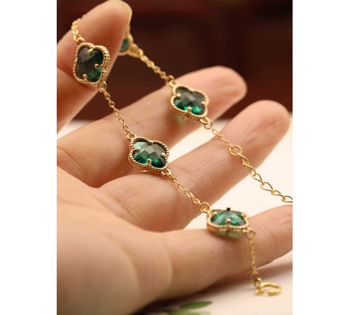 Золотий Браслет із Чотирилистним Клевером із зеленим турмаліном для щастя
