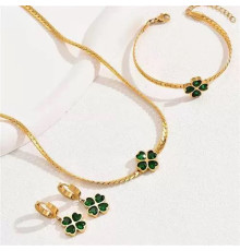 Золотий набір Підвіска, Браслет, Сережки Чотирилиста конюшина із зеленим турмаліном на Велику Удачу, Здоров'я