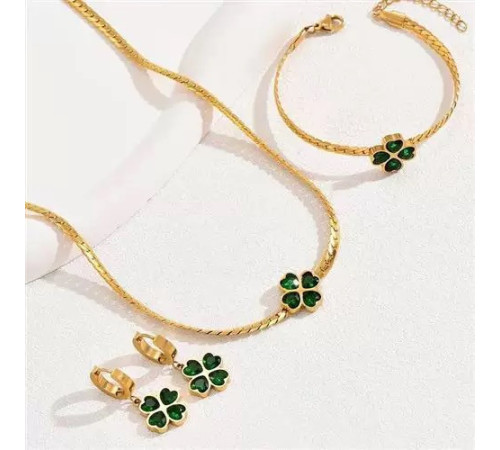Золотий набір Підвіска, Браслет, Сережки Чотирилиста конюшина із зеленим турмаліном на Велику Удачу, Здоров'я