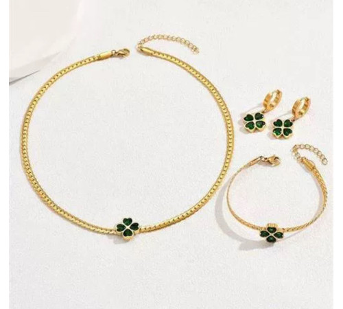 Золотий набір Підвіска, Браслет, Сережки Чотирилиста конюшина із зеленим турмаліном на Велику Удачу, Здоров'я