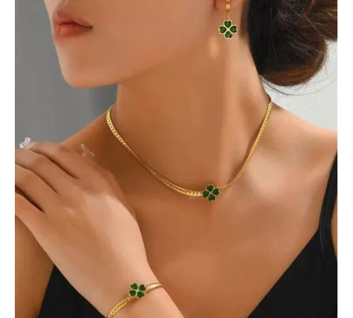 Золотий набір Підвіска, Браслет, Сережки Чотирилиста конюшина із зеленим турмаліном на Велику Удачу, Здоров'я