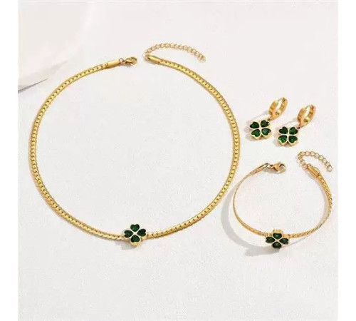 Золотий набір Підвіска, Браслет, Сережки Чотирилиста конюшина із зеленим турмаліном на Велику Удачу, Здоров'я