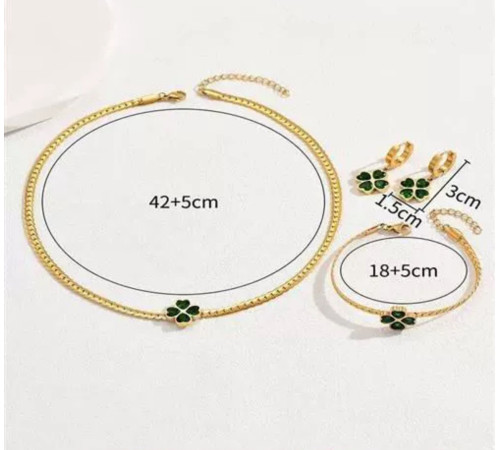 Золотий набір Підвіска, Браслет, Сережки Чотирилиста конюшина із зеленим турмаліном на Велику Удачу, Здоров'я