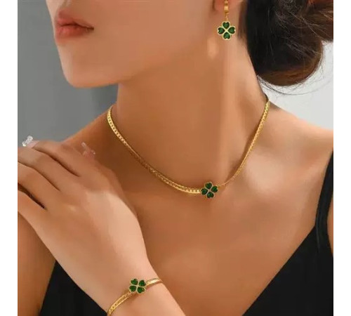 Золотий набір Підвіска, Браслет, Сережки Чотирилиста конюшина із зеленим турмаліном на Велику Удачу, Здоров'я