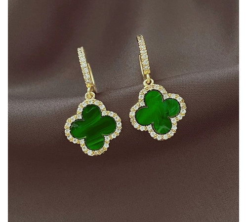Тибетські Позолочені Сережки з Чотирилисним Клевером емаль і фіанітами для Багатства та удачі