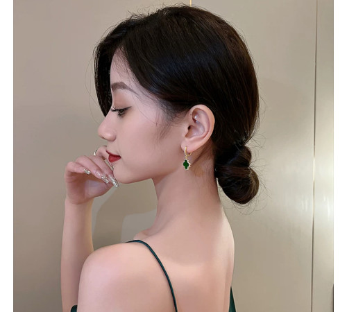 Тибетські Позолочені Сережки з Чотирилисним Клевером емаль і фіанітами для Багатства та удачі