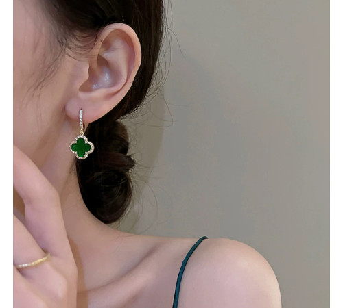 Тибетські Позолочені Сережки з Чотирилисним Клевером емаль і фіанітами для Багатства та удачі