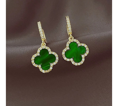 Тибетські Позолочені Сережки з Чотирилисним Клевером емаль і фіанітами для Багатства та удачі