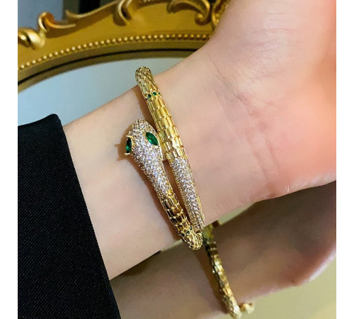 Золотий Браслет Змія зі смарагдом і фіанітами для удачі, Захисти, Здоров'я та здійснення Желань на 20 років