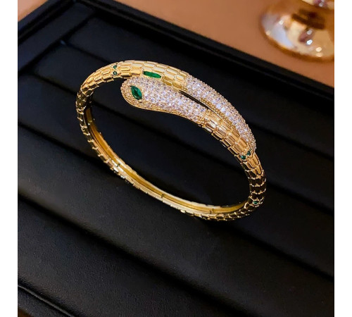 Золотий Браслет Змія зі смарагдом і фіанітами для удачі, Захисти, Здоров'я та здійснення Желань на 20 років