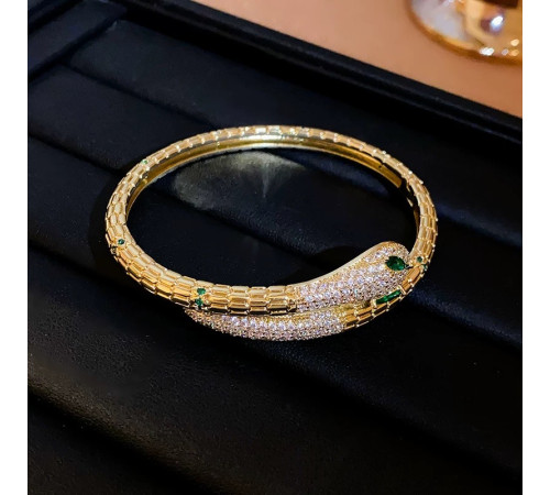 Золотий Браслет Змія зі смарагдом і фіанітами для удачі, Захисти, Здоров'я та здійснення Желань на 20 років