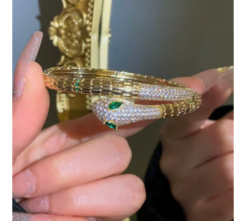 Золотий Браслет Змія зі смарагдом і фіанітами для удачі, Захисти, Здоров'я та здійснення Желань на 20 років