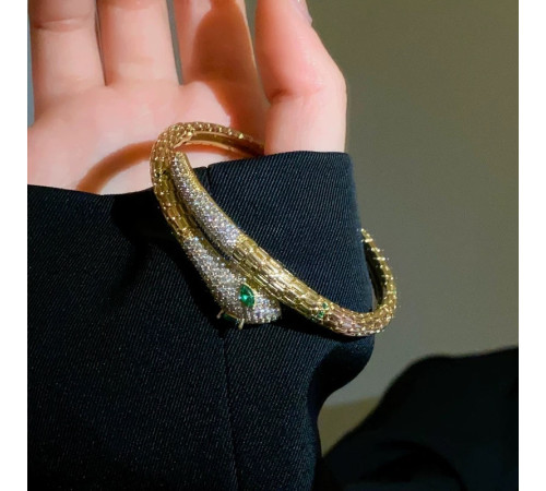 Золотий Браслет Змія зі смарагдом і фіанітами для удачі, Захисти, Здоров'я та здійснення Желань на 20 років