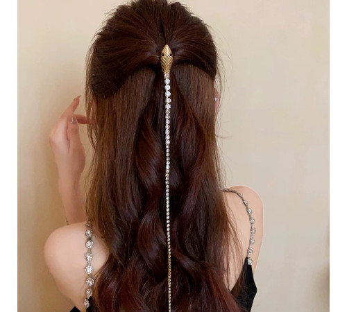 Золота сакральна талісман шпилька ланцюжок для волосся Змія з Фіанітами та Смарагдом для Багатства, Здоров'я та У