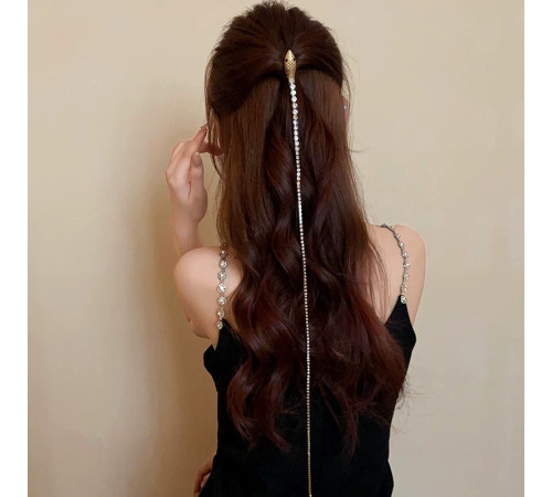 Золота сакральна талісман шпилька ланцюжок для волосся Змія з Фіанітами та Смарагдом для Багатства, Здоров'я та У