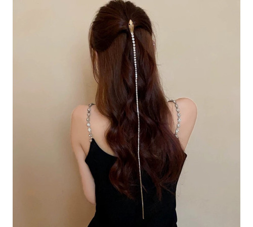 Золота сакральна талісман шпилька ланцюжок для волосся Змія з Фіанітами та Смарагдом для Багатства, Здоров'я та У