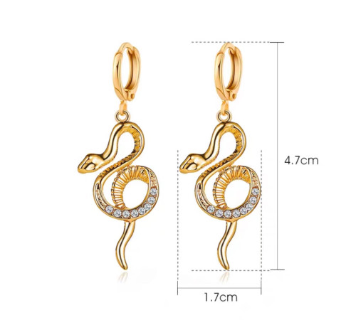 Малазійські Золоті сережки Змія 18 каратів із фіанітами клас ААА для удачі, успіху та Здоров'я