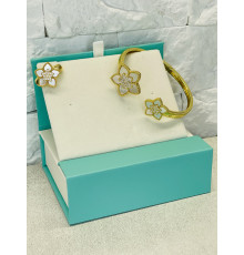 Позолочений Набір П'ятилінійний конюшин Браслет і Кільце з фіанітами та перламутром для удачі, Захисти, Здоров'я