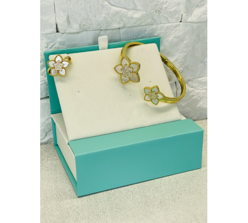 Позолочений Набір П'ятилінійний конюшин Браслет і Кільце з фіанітами та перламутром для удачі, Захисти, Здоров'я