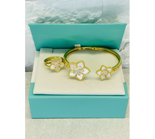 Позолочений Набір П'ятилінійний конюшин Браслет і Кільце з фіанітами та перламутром для удачі, Захисти, Здоров'я