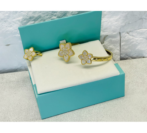 Позолочений Набір П'ятилінійний конюшин Браслет і Кільце з фіанітами та перламутром для удачі, Захисти, Здоров'я