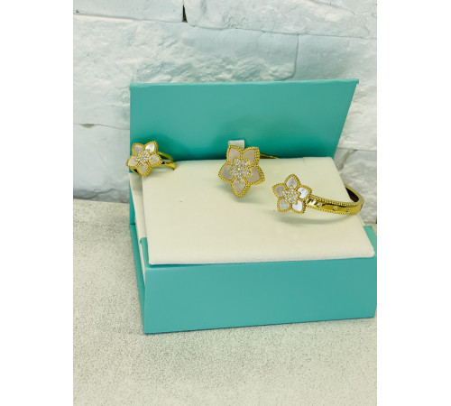 Позолочений Набір П'ятилінійний конюшин Браслет і Кільце з фіанітами та перламутром для удачі, Захисти, Здоров'я