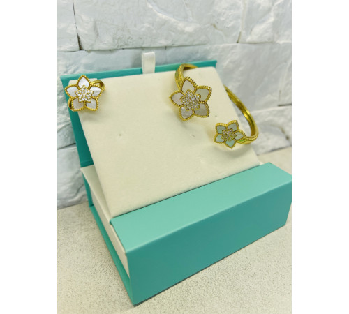 Позолочений Набір П'ятилінійний конюшин Браслет і Кільце з фіанітами та перламутром для удачі, Захисти, Здоров'я