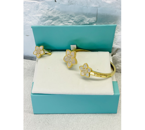 Позолочений Набір П'ятилінійний конюшин Браслет і Кільце з фіанітами та перламутром для удачі, Захисти, Здоров'я