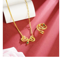 Золотий Набір Змія Підвіска та Каблучка зі смарагдом і фіанітами для Здоров'я, удачі та Багатства