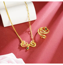 Золотий Набір Змія Підвіска та Каблучка зі смарагдом і фіанітами для Здоров'я, удачі та Багатства