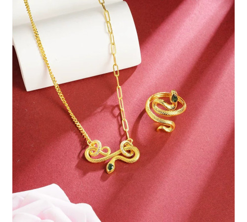 Золотий Набір Змія Підвіска та Каблучка зі смарагдом і фіанітами для Здоров'я, удачі та Багатства