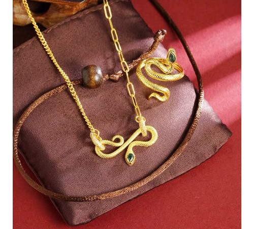 Золотий Набір Змія Підвіска та Каблучка зі смарагдом і фіанітами для Здоров'я, удачі та Багатства