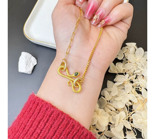 Золотий Набір Змія Підвіска та Каблучка зі смарагдом і фіанітами для Здоров'я, удачі та Багатства