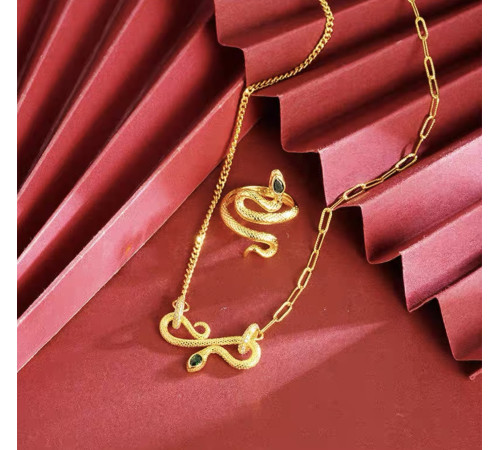 Золотий Набір Змія Підвіска та Каблучка зі смарагдом і фіанітами для Здоров'я, удачі та Багатства