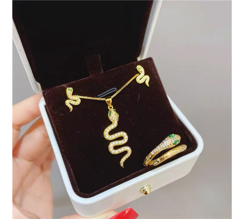 Золотий набір Змія Підвіска, Сережки та Каблучка з фіанітами смарагдом для Здоров'я, удачі та Багатства