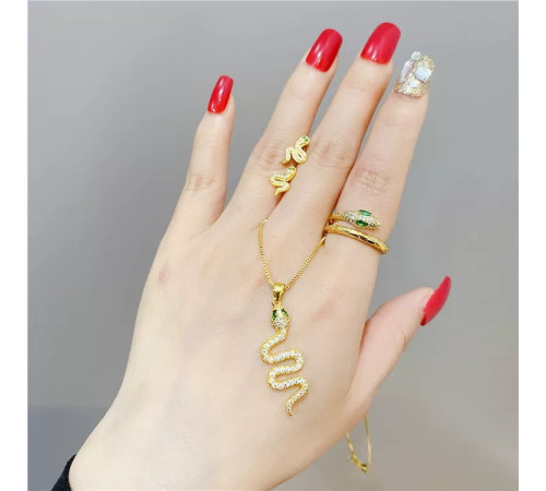 Золотий набір Змія Підвіска, Сережки та Каблучка з фіанітами смарагдом для Здоров'я, удачі та Багатства