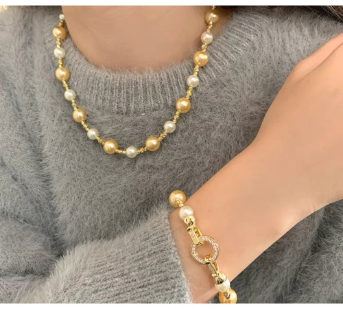 Перлове намисто з браслетом із Малазійських морських перлів Akoya Клас AAA з фіанітами Багатство